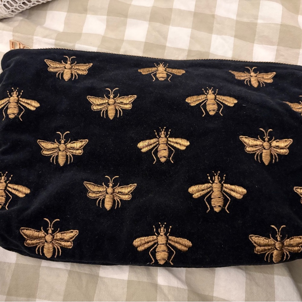 Elizabeth Scarlett Black Velvet Clutch with Gold Bee Embroidery
